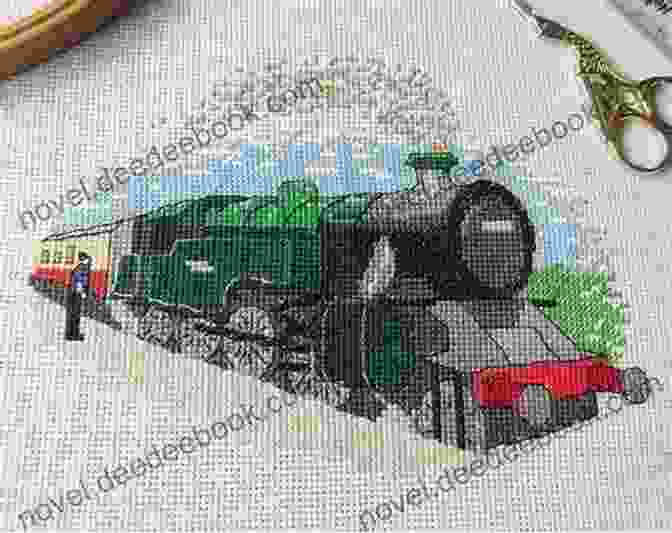 A Framed Cross Stitch Of A Royston Morris Train Pattern, Displayed On A Wall Train 2 Cross Stitch Pattern Royston Morris