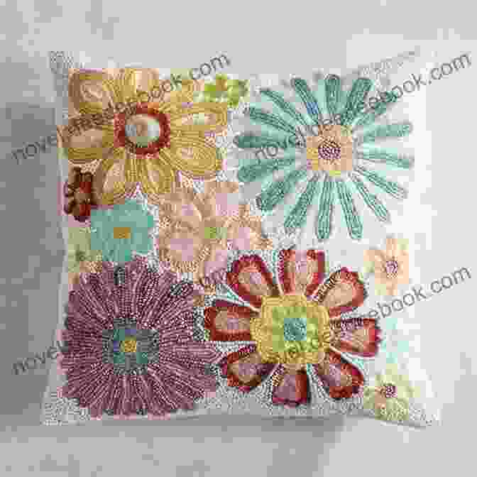 A Vibrant Throw Pillow Featuring A Floral Design Embroidered With Multicolored Floss Ribbonwork. Contemporary Candlewick Embroidery: 25 Home Decor Accents Featuring Colored Floss Ribbonwork
